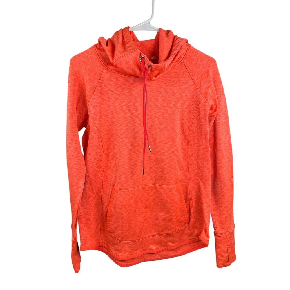 Athleta Hoodie Womens Medium Orange Coral Pullover Thumbholes Kangaroo Pocket - Picture 4 of 8